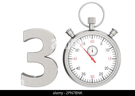 Stoppuhr aus Metall isoliert für Nr. 30, 3D-Rendering Stockfoto