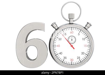 Stoppuhr aus Metall isoliert für Nr. 60, 3D-Rendering Stockfoto