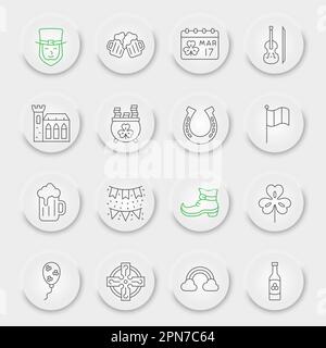 St. Patrick's Day Line Symbolsatz, Sammlung von Feiertagssymbolen, Vektorskizzen, pneumorphe UI UX-Schaltflächen, saint patrick-Symbole, lineare Piktogramme für Geschäftszeichen Stock Vektor