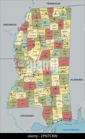 Mississippi – sehr detaillierte, bearbeitbare politische Karte mit Beschriftung. Stock Vektor