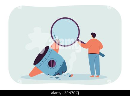 Analyse des Raketenabsturzes durch einen winzigen Mann mit Lupe Stock Vektor