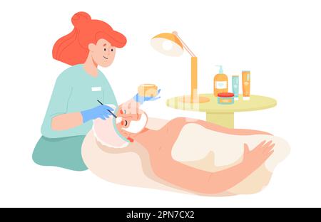 Cartoon Kosmetikerin Maske auf Gesicht der Frau anwenden Stock Vektor