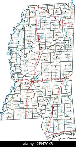 Straßenkarte und Highway-Karte von Mississippi. Vektordarstellung. Stock Vektor