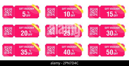 Symbolgruppe für Rabattcoupons. Rosafarbene Schilder mit Prozentzeichen. Gutscheine, Rabattgutscheine, Geschenkgutscheine. Kostensparender Einkaufskonzeptvektor Stock Vektor