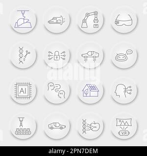 Symbolsatz der zukünftigen Technologielinie, Sammlung von Innovationssymbolen, Vektorskizzen, pneumorphe UI UX-Schaltflächen, Technologiesymbole, Robotisierungsschilder lineare Piktogramme Stock Vektor