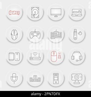 Symbolsatz für Geräte, Sammlung von Technologiesymbolen, Vektorskizzen, pneumorphe UI-UX-Schaltflächen, Geräte-Zeichen lineare Piktogramme Stock Vektor