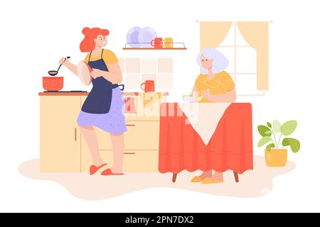 Cartoon-Frau kocht für Seniormutter in der Küche Stock Vektor