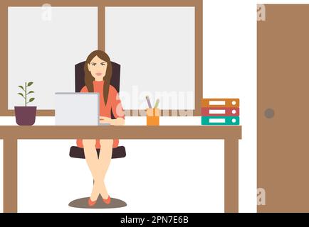 Beschäftigte junge Frau sitzt am Schreibtisch mit Laptop, Becher und Ordnern. Infografiken für Office Manager for Business. Vektordarstellung im Cartoon-Stil Stock Vektor