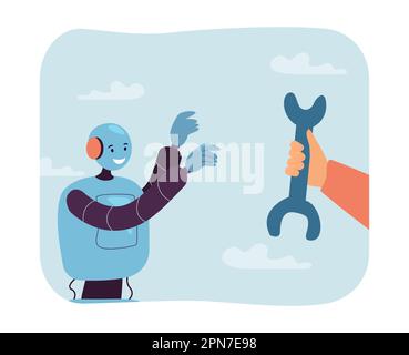 Die Hand des Technikers hält den Schraubenschlüssel am Roboter fest Stock Vektor