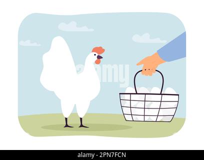 Die Bauern halten einen Korb mit Hühnereiern in der Nähe der weißen Henne Stock Vektor