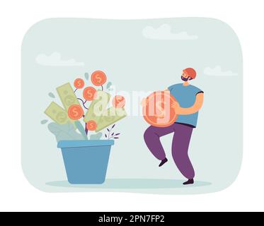 Cartoon-Mann, der Goldmünze vom Geldbaum nimmt Stock Vektor