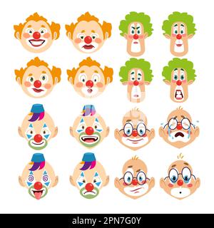 Gesichter von Clown-Cartoon-Figuren Vektorbilder-Set Stock Vektor