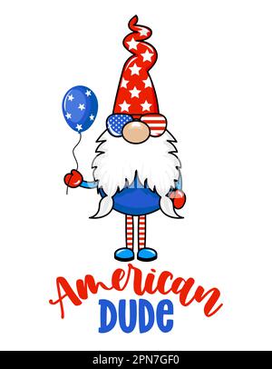 American Dude - süßer Gnom im Juli-Kostüm 4. Skandinavischer Elf mit Bier, Ballons und Hut. Herzlichen Glückwunsch zum 4. juli. Vektordarstellung in der Cartoonstall Stock Vektor