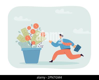 Glücklicher Mitarbeiter läuft mit wachsender Geldpflanze in den Topf Stock Vektor