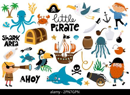 Süße Piratensticker-Kollektion mit Tintenfisch, Hai, Schätzen, Boot und anderen Elementen. Gut für Sommerposter, Karten, Aufkleber, Etiketten, Einladungen. Han Stock Vektor