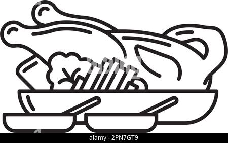 Peking-Entenmehl mit Frühlingszwiebeln, Salat und Sauce Schüsseln, Vektorliniensymbol Stock Vektor