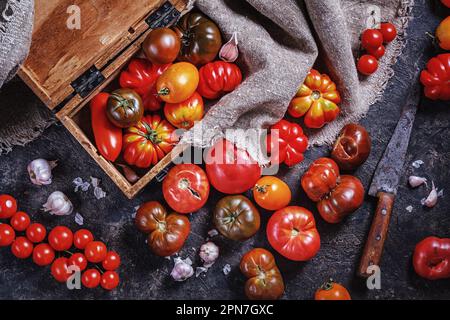 Viele verschiedene Arten, Formen und Größen von Tomaten in einer alten Holzkiste und auf einer dunklen Oberfläche, flach liegend, Draufsicht. Erntekonzept Stockfoto