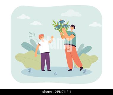 Sommerspaziergang von Mutter mit Blumenstrauß und Sohn Stock Vektor