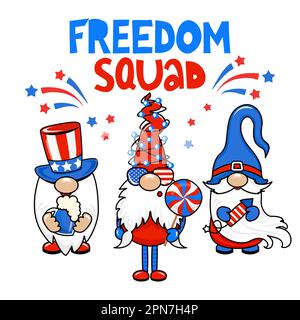 Freedom Squad - süße Gnomen im Kostüm vom 4. Juli. Lustige skandinavische Elfen mit Feuerwerk, Ballons und Flagge. Herzlichen Glückwunsch zum 4. juli. Vektorbeleuchtung Stock Vektor