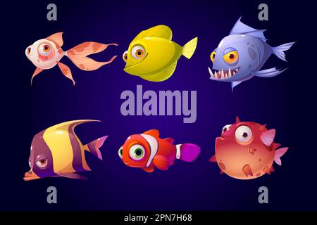 Seefische Set, tropisches farbenfrohes Aquarium und Meeresunterwasserkreaturen mit niedlichen lächelnden Gesichtern und großen Augen, Figuren für Computerspiel, Goldfisch, Piranha, Clown, Puffer Cartoon Vektorgrafik Stock Vektor