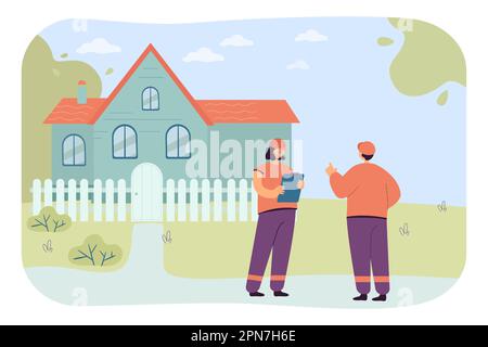 Bauarbeiter stehen am Eingang des Wohngebäudes Stock Vektor