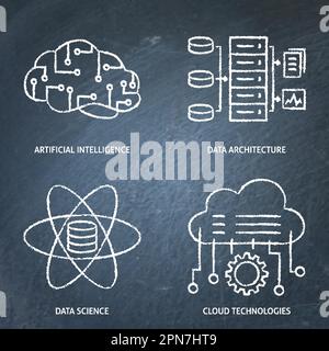 Datenwissenschaft und künstliche Intelligenz – Schwarzes Brett-Symbol-Set. Vektordarstellung. Stock Vektor