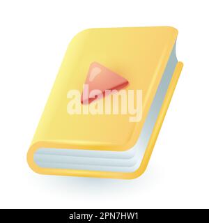 Gelbes geschlossenes Buch mit rotem Spielknopf 3D-Symbol Stock Vektor