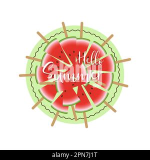 „Hello Summer“-Inschrift mit Scheiben Wassermelone auf rundem Hintergrund. Vektordarstellung Stock Vektor
