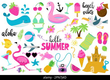Niedliche Sommer-Sticker-Kollektion mit Flamingo, tropischen Blumen und anderen Elementen. Gut für Sommerposter, Karten, Aufkleber, Etiketten, Einladungen. Hand dra Stock Vektor