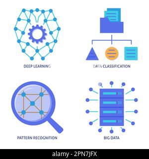 Datenklassifizierung und flache Symbolgruppe für Deep Learning. Vektordarstellung. Stock Vektor