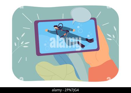 Handheld-Telefon mit Taucher, der unter Wasser auf dem Bildschirm schwimmt Stock Vektor