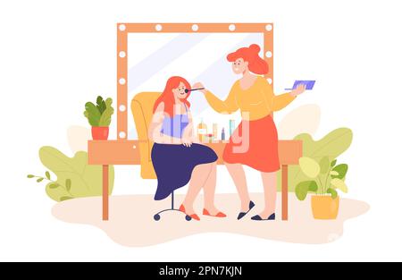 Cartoon Kosmetikerin schminkt Mädchen im Salon Stock Vektor