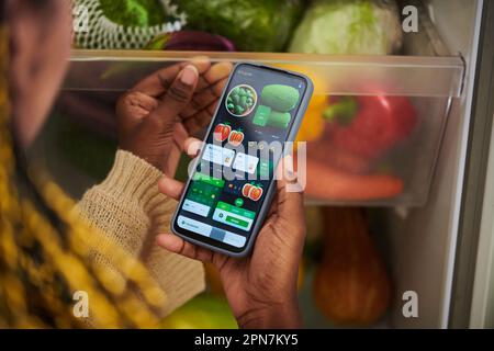 Frau, die eine mobile Anwendung zur Bestellung von Lebensmitteln verwendet Stockfoto
