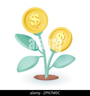Goldmünzen mit Dollarsymbolen, die als Pflanzen wachsen 3D-Symbol Stock Vektor