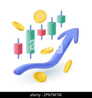 Kerzenhalter mit Aufwärtspfeil und goldenen Münzen 3D Symbol Stock Vektor