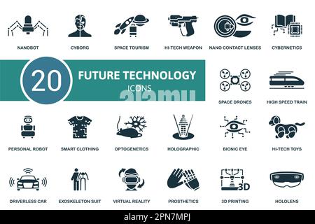 Technologie der Zukunft. Kreative Ikonen: Nanobot, Cyborg, Weltraumtourismus, Hightech-Waffe, Nano-Kontaktlinsen, kybernetik, Weltraumdrohnen, Hochgeschwindigkeit Stock Vektor