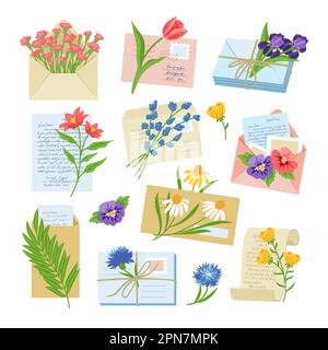 Umschläge und Briefe mit Blumen-Vektorabbildungen Stock Vektor