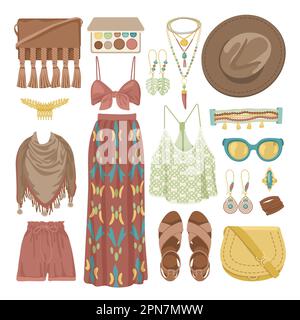 Damenbekleidung in Bo-Style-Vektor-Illustrationsset Stock Vektor