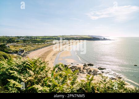 Blick von den Klippen auf die üppige grüne Vegetation im Mittagslicht Stockfoto