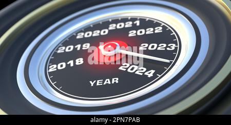 Neujahr 2024 Countdown. Auto-Tachometer, Nadelanzeige nähert sich 2024, Beschleunigung für den Wechsel. 3D-Rendern Stockfoto