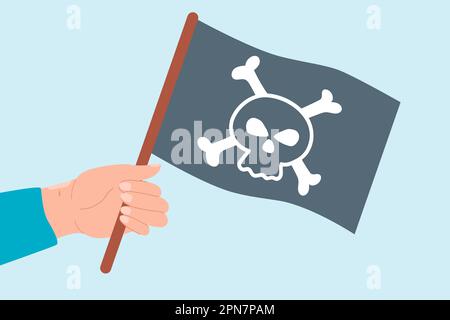Die Hand hält die Piratenflagge mit Kreuz und Schädel am Stiel Stock Vektor