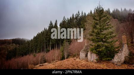 Daffodil Cottage im alten Dorf Eskart in Glen Coiltie, wenn die Regenwolken absteigen. Stockfoto