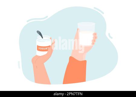 Ein Glas Milch und eine Dose Joghurt in den Händen Stock Vektor