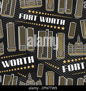 Vector Fort Worth Seamless Pattern, quadratischer, sich wiederholender Hintergrund mit Illustration der berühmten amerikanischen Stadtlandschaft auf dunklem Hintergrund für Geschenkpapier, Stock Vektor