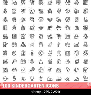 100 Kindergarten-Ikonen-Set. Umrissdarstellung von 100 Kindergarten-Symbolen Vektorsatz isoliert auf weißem Hintergrund Stock Vektor