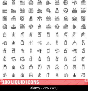 100 flüssige Symbole eingestellt. Umrissdarstellung von 100 flüssigen Symbolen, Vektorsatz isoliert auf weißem Hintergrund Stock Vektor