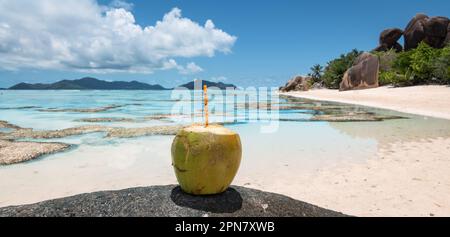 Frisches Kokosnussgetränk am Strand von La Digue, Seychellen. Stockfoto