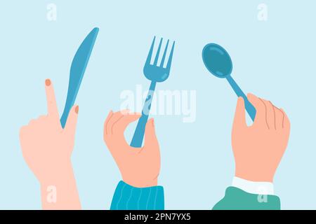 Weibliche und männliche Hände mit Messer, Löffel und Gabel Stock Vektor