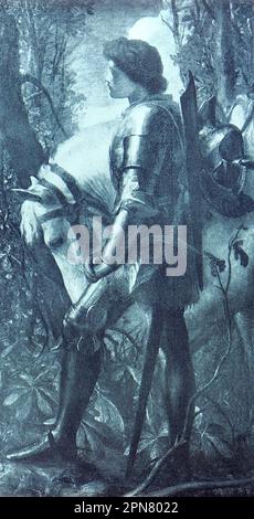 Tennyson Centenary (geboren am 6. August 1809): Sir Galahad, G.F. Watts Malerei. Alfred, Lord Tennyson war ein einflussreicher Dichter und wurde 1850 zum Dichterpreisträger ernannt. George Frederick Watts war ein britischer Künstler, der für seine Gemälde und Skulpturen bekannt war. Das Bild hier ist von einem seiner Gemälde und ist bedeutsam, weil Tennyson ein Gedicht namens Sir Galahad veröffentlicht hat. Von einem gebundenen Jahr: Das wunderbare Jahr 1909. Eine illustrierte Aufzeichnung bemerkenswerter Leistungen und Ereignisse der Daily News, London und Manchester, veröffentlicht von Headley Brothers, 1909. Stockfoto