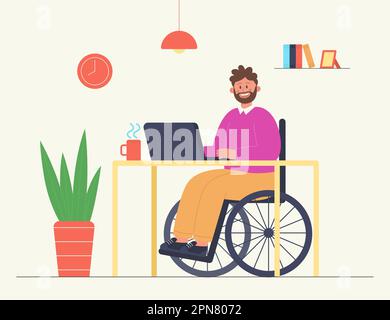 Mitarbeiter, der im Rollstuhl sitzt und zu Hause oder im Büro arbeitet Stock Vektor